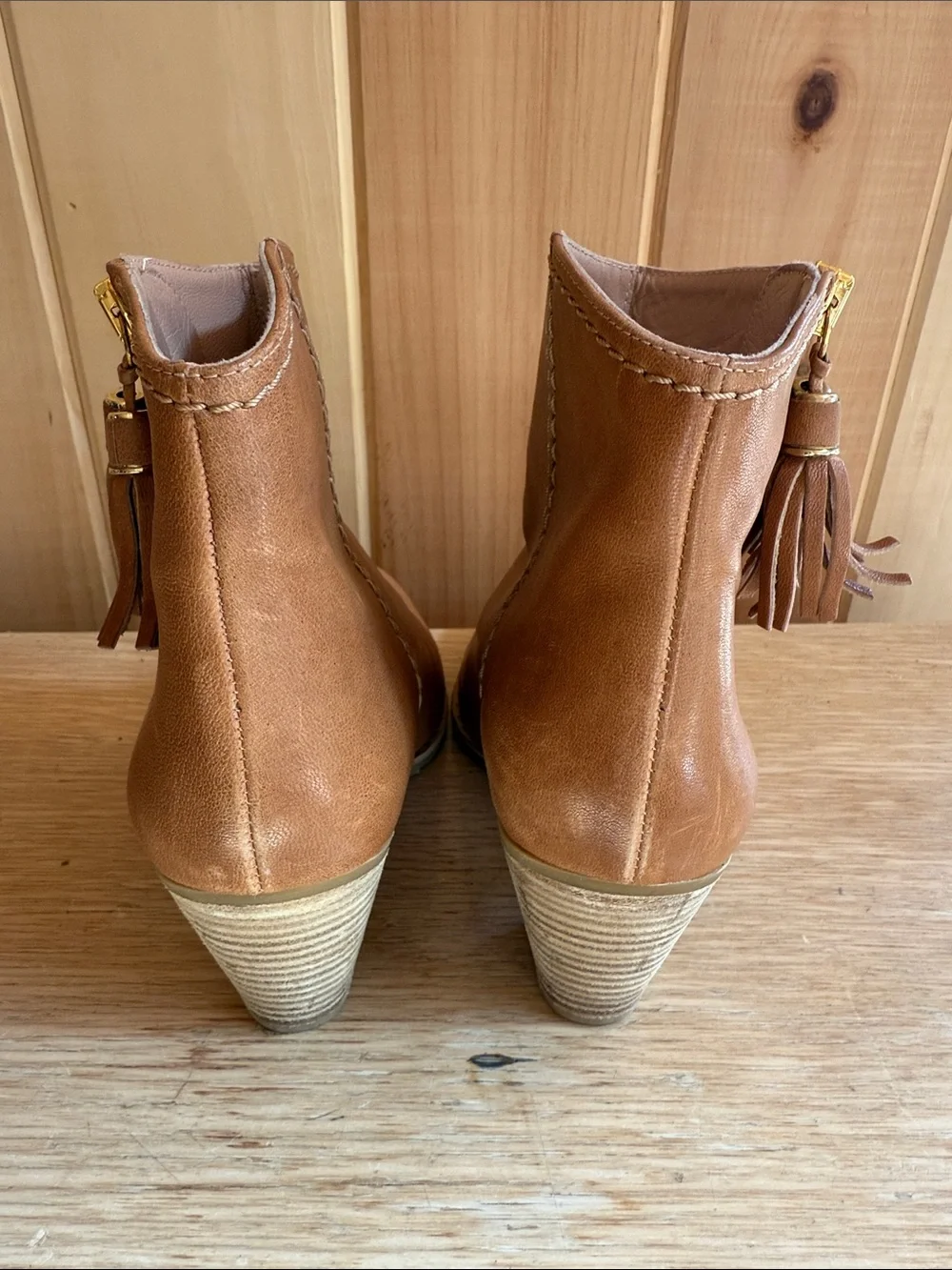 Stuart Weitzman Tan Leather Tassel Ankle Booties